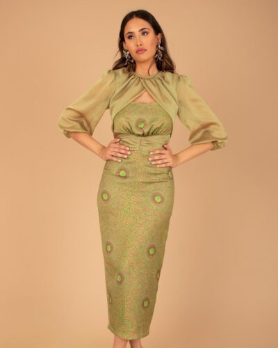 Vestido midi estampado con manga de gasa
