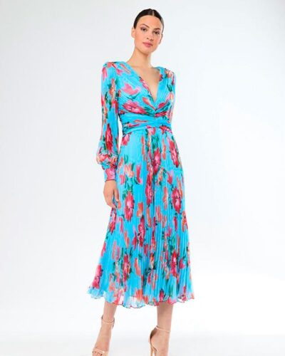 Vestido midi plisado con estampado floral y escote cruzado