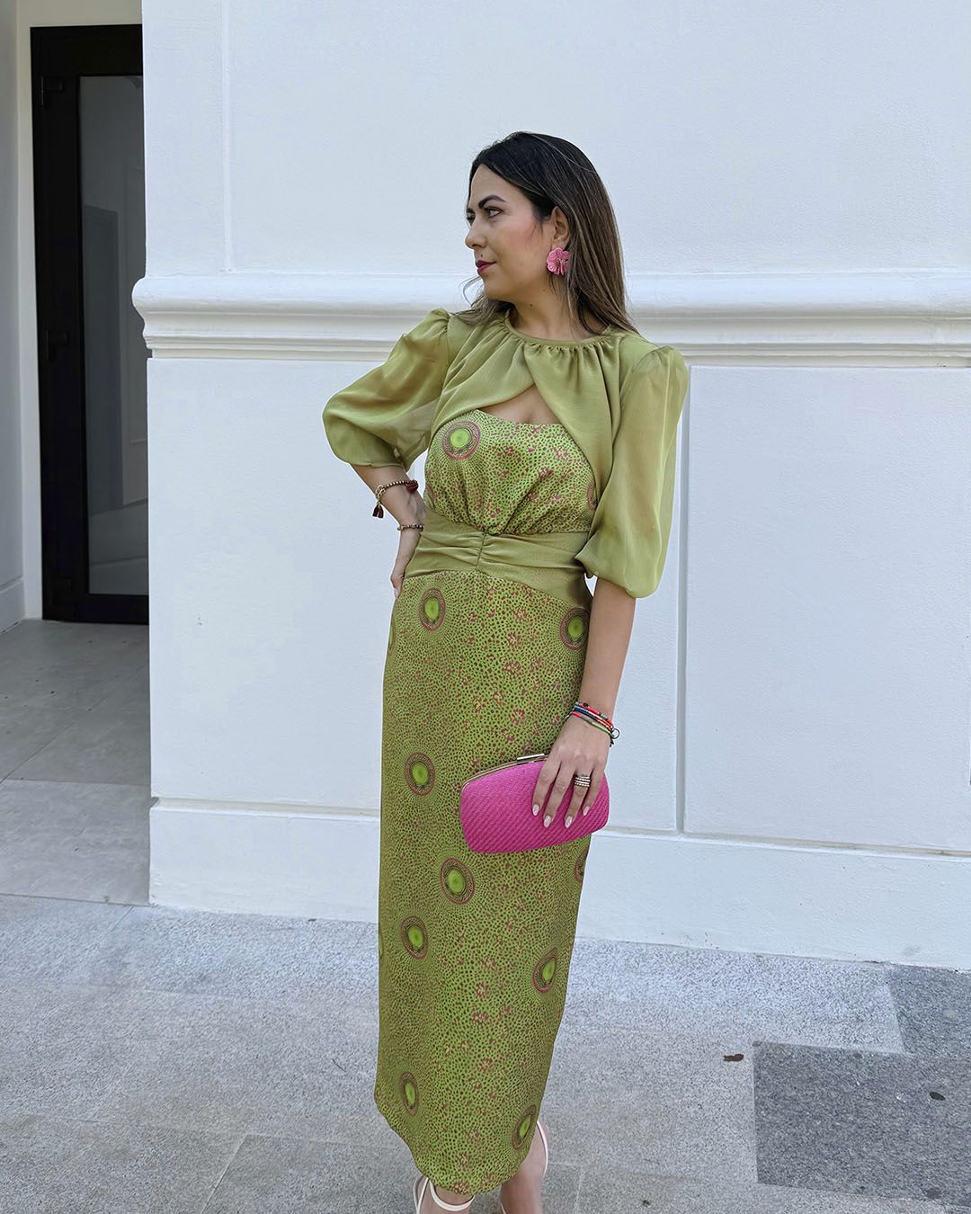 Vestido midi estampado con manga de gasa