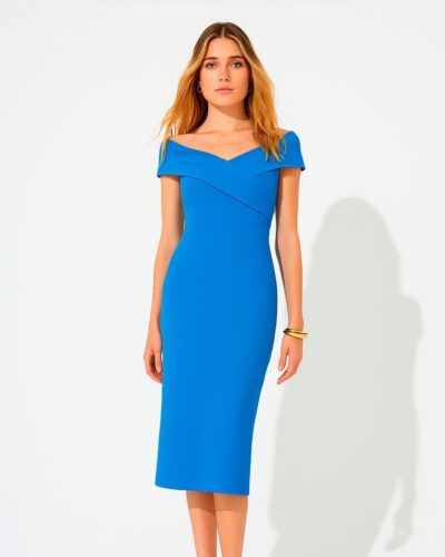 Vestido midi azul de corte lápiz con escote cruzado y hombros descubiertos, elegante y perfecto para ocasiones especiales.