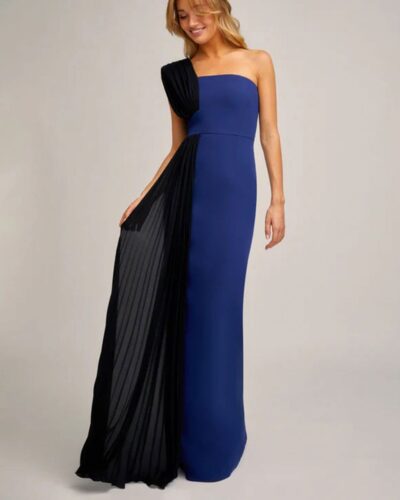 Vestido azul noche con pliegue de gasa negra