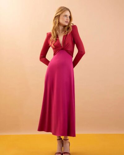 Vestido midi bicolor frambuesa y fucsia con nudo delantero