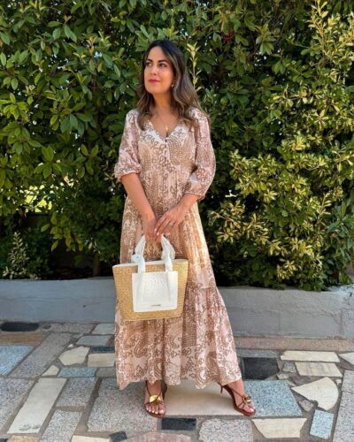 Vestido largo estampado beige y tostado