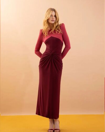 Vestido midi entubado bicolor con nudo frontal