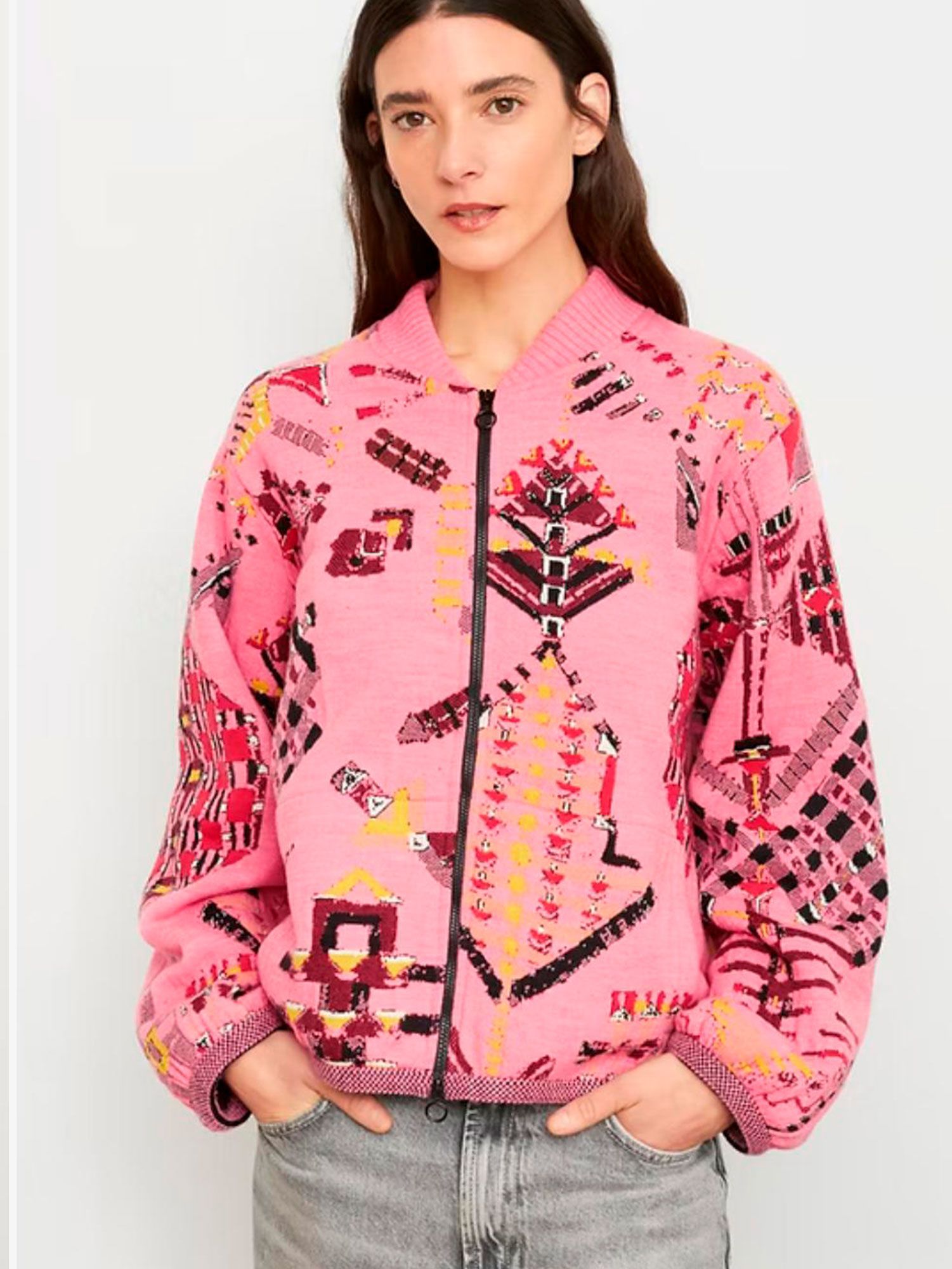 Chaqueta bomber de punto estampada en rosa – Aldo Martins
