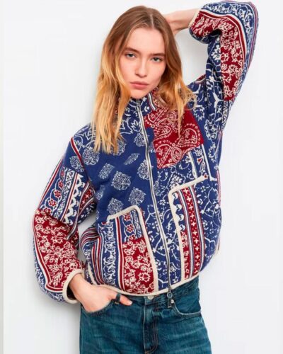 Chaqueta bomber jacquard patchwork azul y rojo