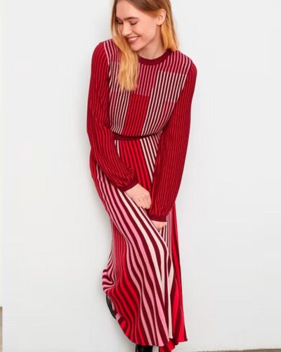 Falda midi plisada rayas burdeos y rosa