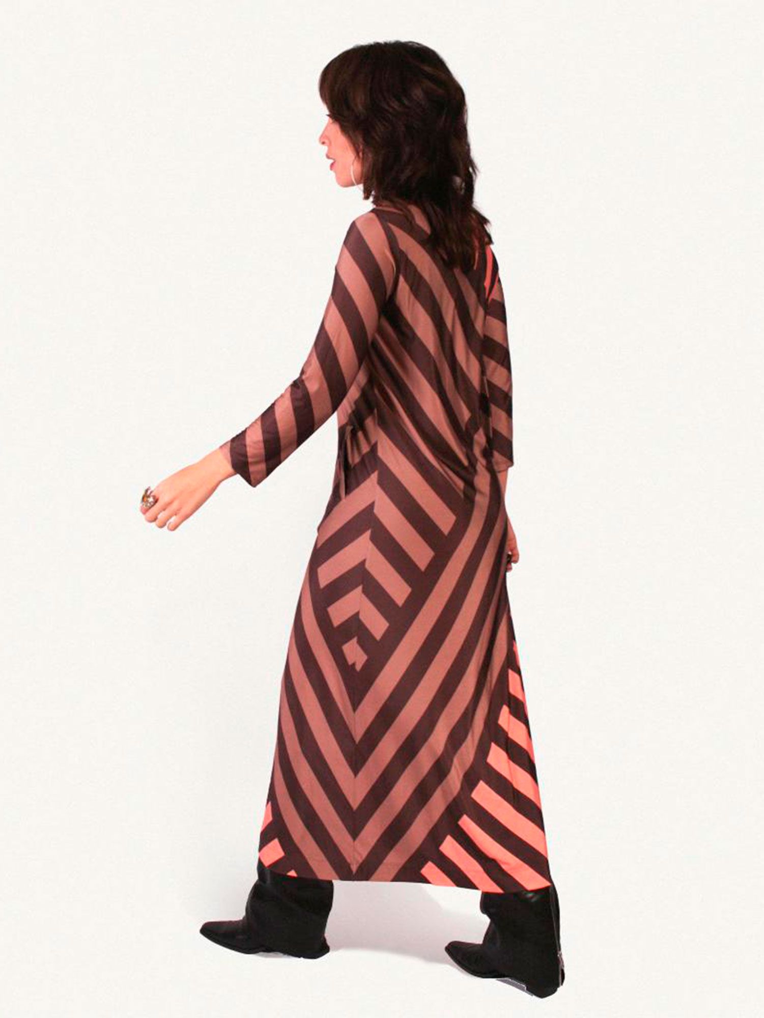 Vestido largo punto de seda rayas diagonales marrón y coral – Parole