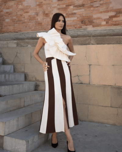 conjunto top falda rayas marron