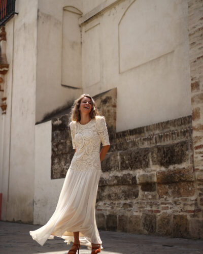 VESTIDO LARGO CUERPO CROCHET Y FALDA DE GASA