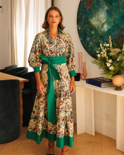 Vestido Midi Estampado Camisero Manga Abullonada Mujer - Giana