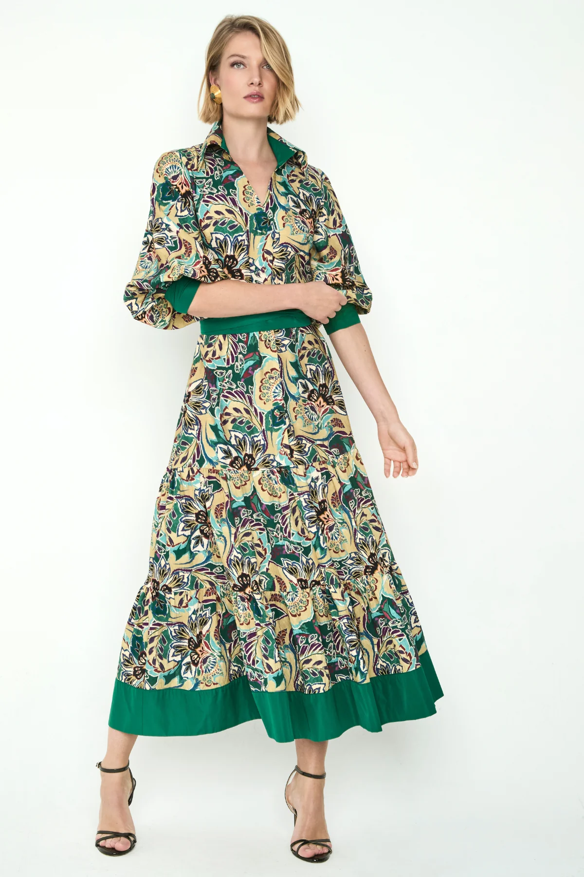 Vestido Midi Estampado Camisero Manga Abullonada Mujer - Giana - Imagen 3