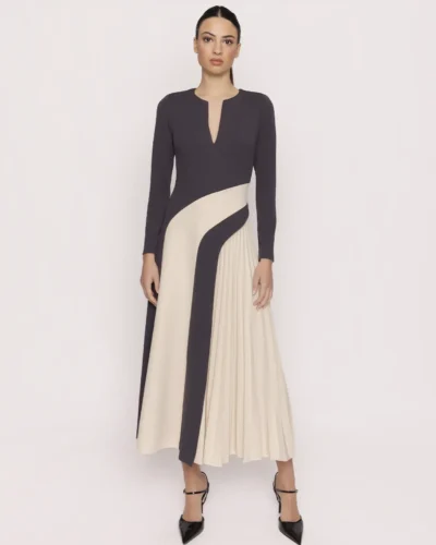 Vestido Midi Bicolor Combinado con Plisado