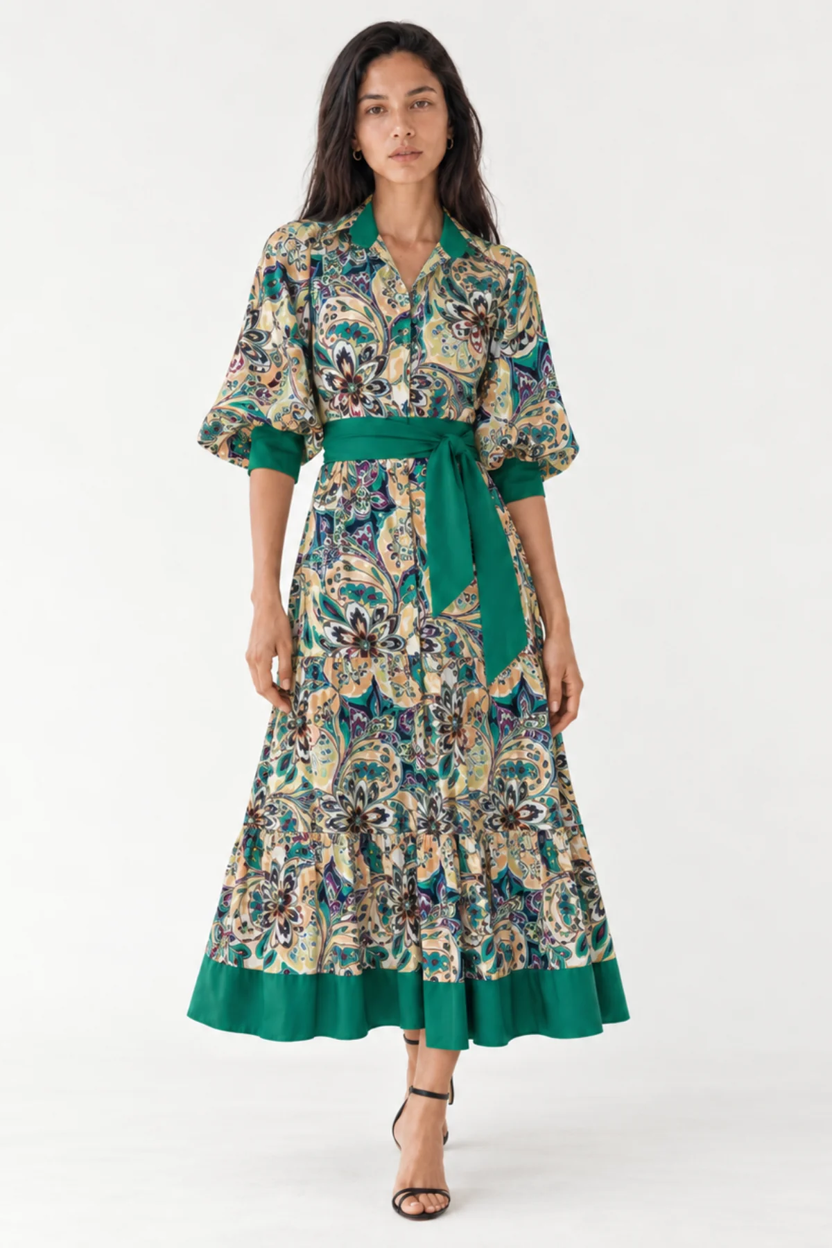 Vestido Midi Estampado Camisero Manga Abullonada Mujer - Giana - Imagen 2
