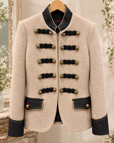Chaqueta militar Alba Conde beige con puños vaqueros y botones dorados - vista frontal