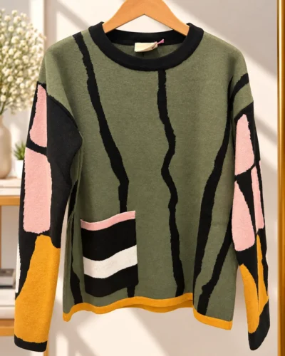 Jersey de Punto Verde Oliva con Bolsillo Estampado